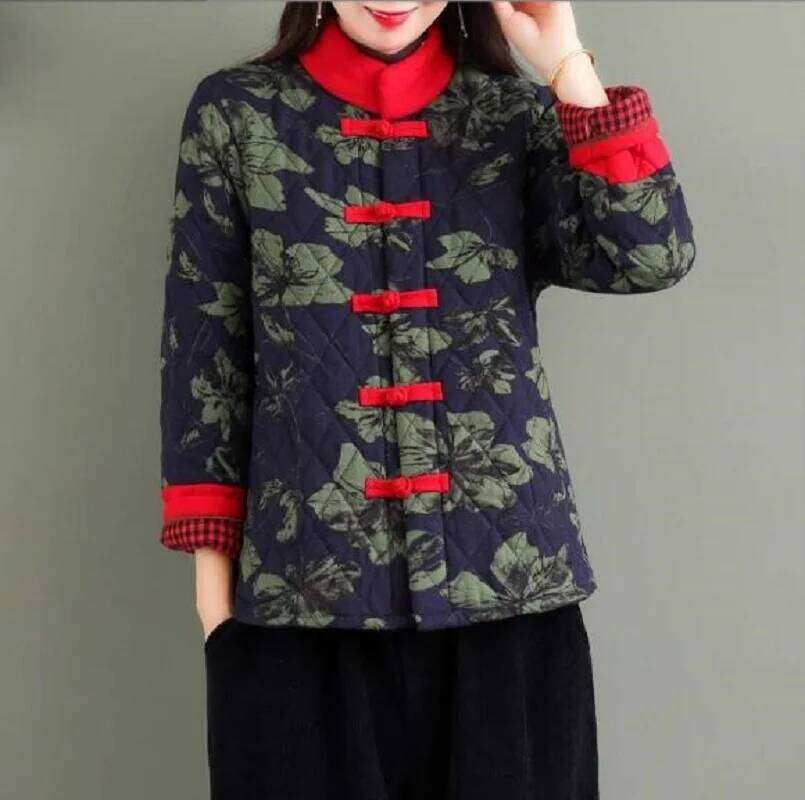 Mardi Hefxessdr Chinese Style Fashion Printing Women Cotton Jacket Winter Keep Warm Coat Ladies Casual Stand up Collar Jackets Size XL