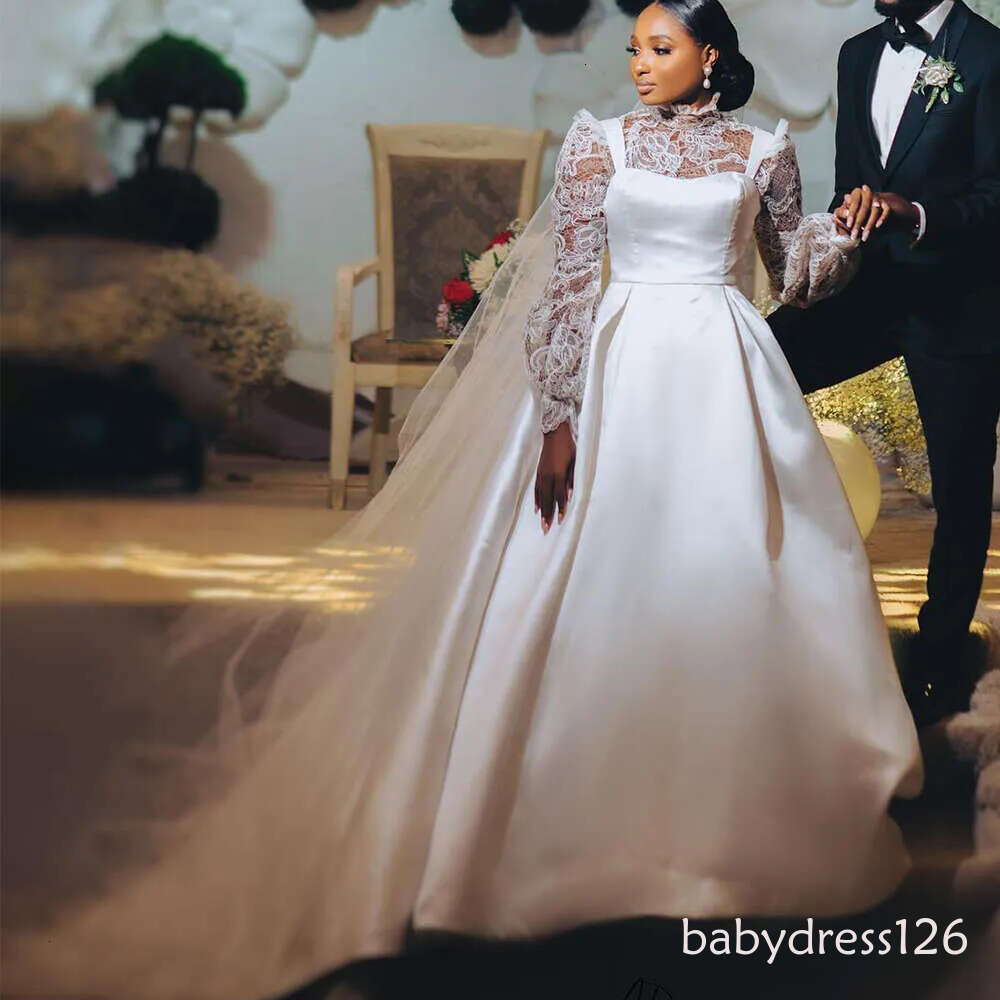 Sweet Wedding Dresses for Dark Skin Bride High Collar Long Sleeve Satin Lace Africa Garden Chruch Bridal Gowns robes de mariee