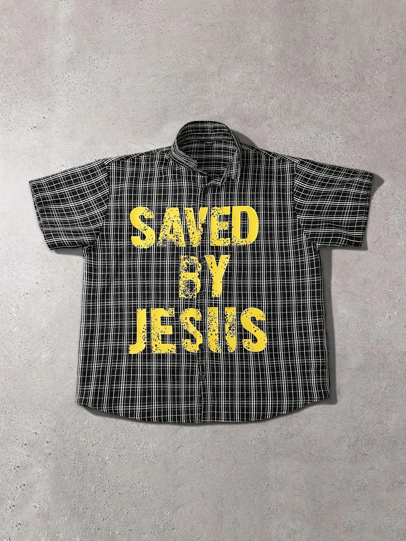 Mens campus-style short-sleeve cropped shirt for spring summer and autumn with the letter pattern SAVED BY JESUS Casual a 260208