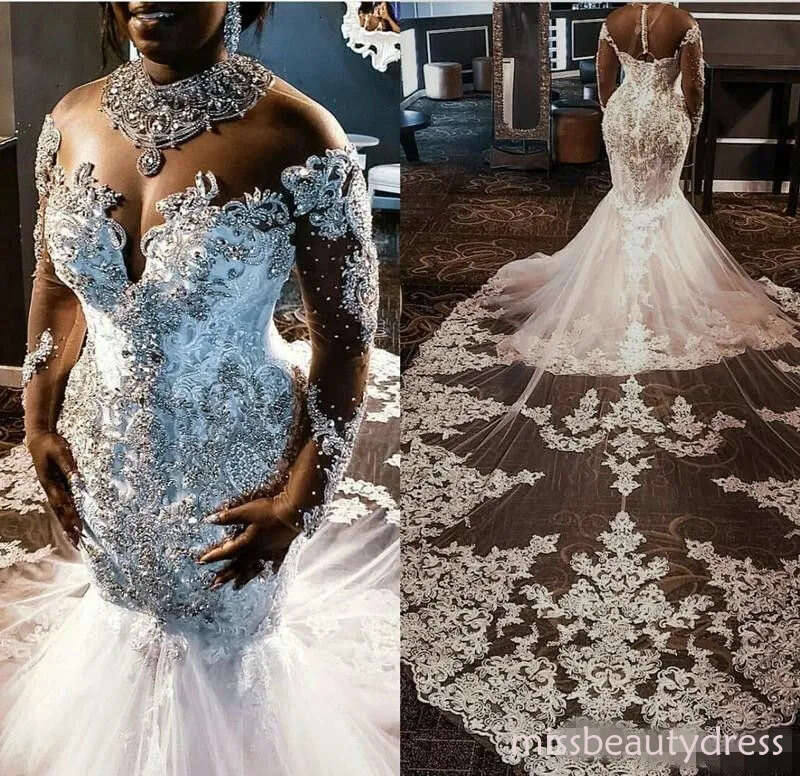 Crystal Beaded Mermaid Dresses Jewel Neck Cathedral Train Lace Applique Long Sleeves Wedding Bridal Gown Vestido de novia CPH053F09