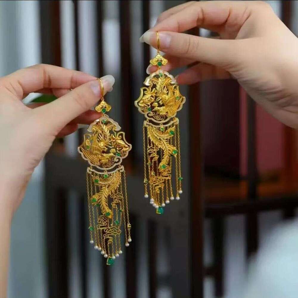 Vintage High-End Gold Phoenix Tassel For Women Fashion New Chinese Style Aesthetic Heavy Craft Peony Flower Drop Earrings Elegant