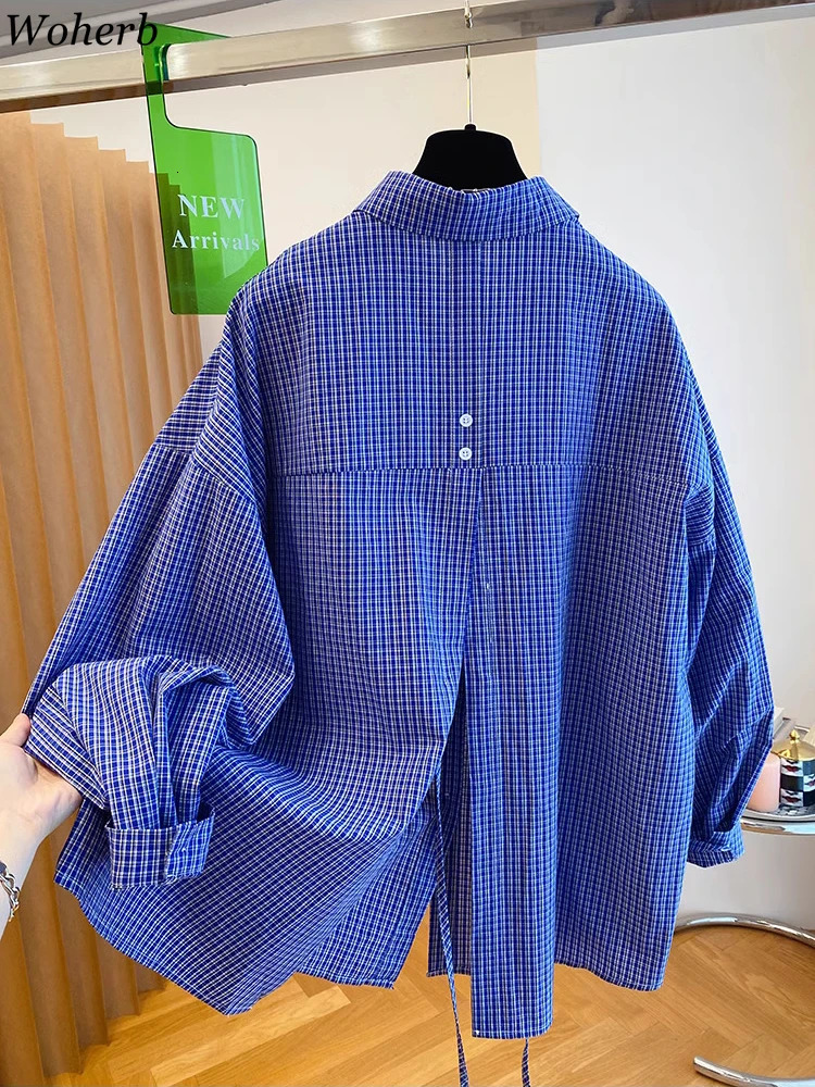 Blue Plaid Long Sleeve Loose Shirts Fashion Korean Split Bandage Blouse Women Oversized Spring Tops 2026 Casual Vintage Blouses 260207