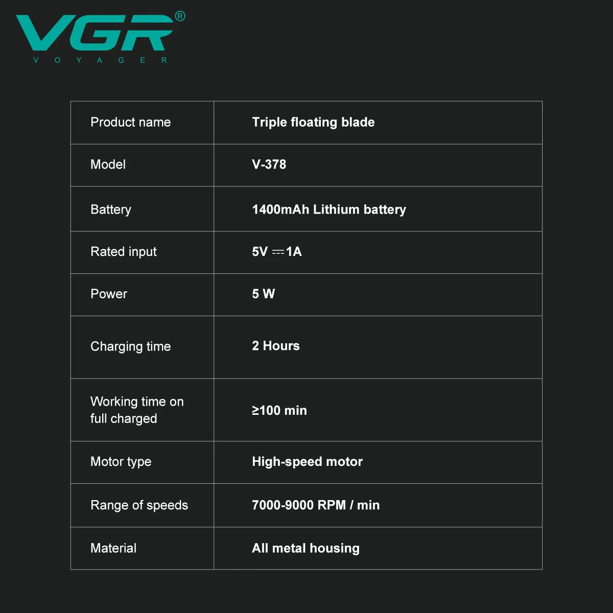 VGR Shaver Professional Shaver 9000 RPM Beard Trimmer Rechargeable Razor Electric Beard Shaver Portable Trimmer for Men V-378 260126