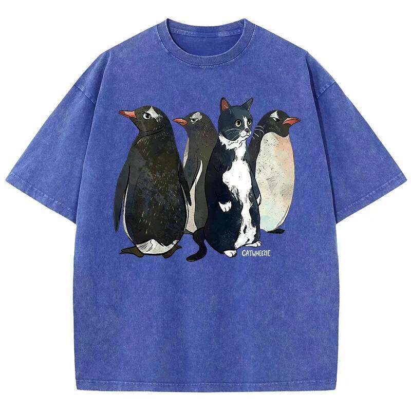Penguin Cat Cartoon Print Men's Washed T-Shirt Casual Snowflake Streetwear Summer Cotton Short Sleeved Oversized Vintage T Shirt X260209