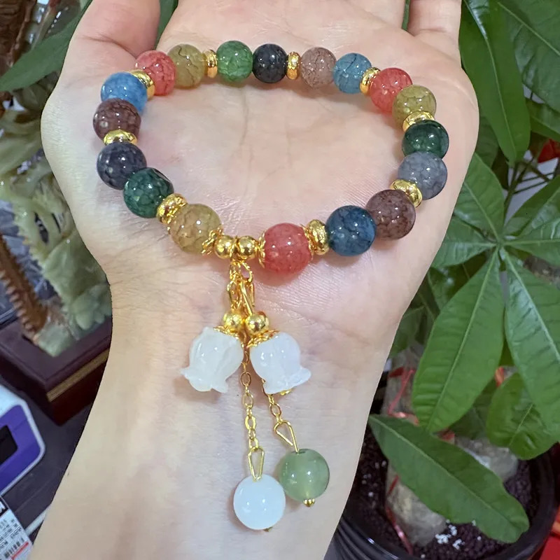 Exquisite Natural Stone Bracelet Elegant Lily of The Valley Flower Pendant Elastic Beaded Bracelets for Women Party Jewelry Gift 260202