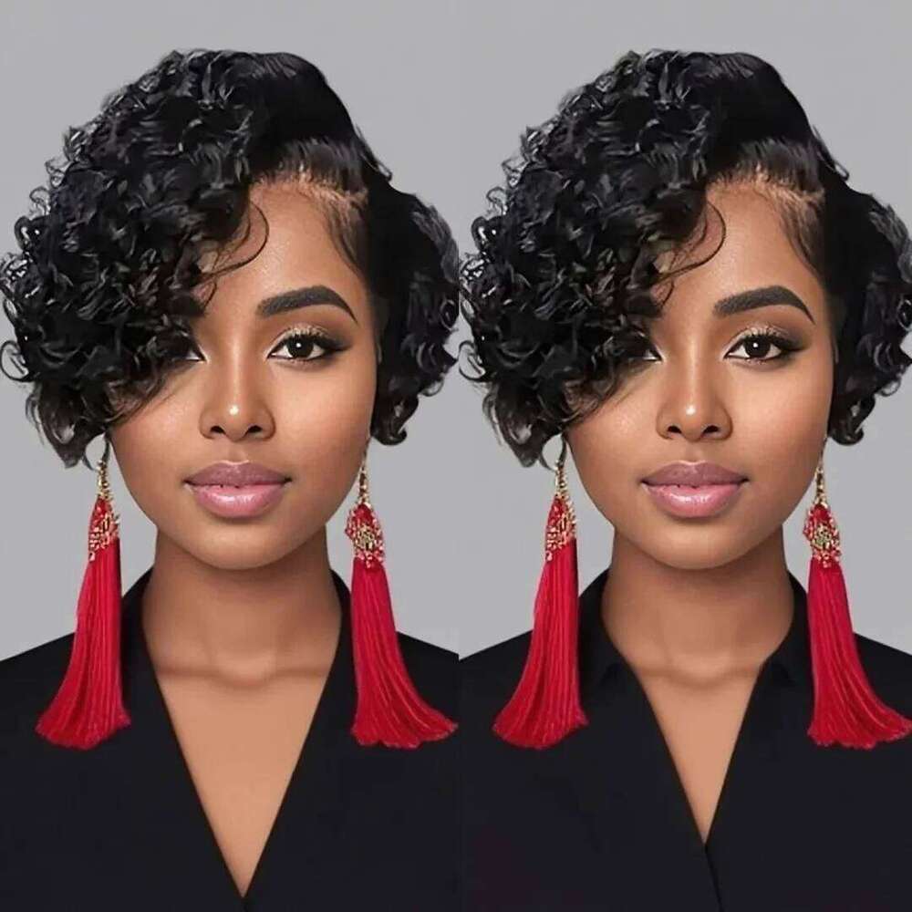 Short Bob Pixie Cut Curly Human For Women Black Color 13X6x1 T Part Lace Closure Deep Wave Lace Wig Preplucked Hair VMS
