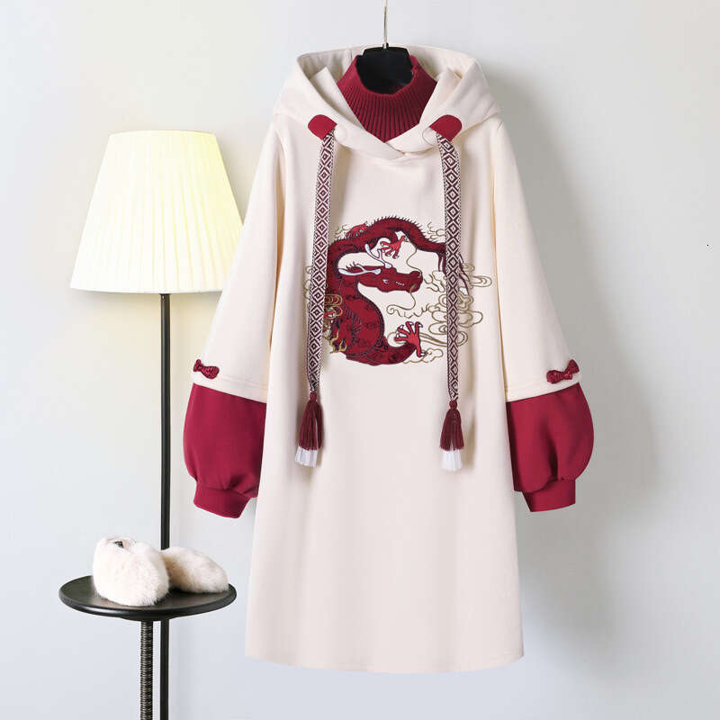 Street Style National Trend Hooded Fake Two-Piece High Collar Han Element Dress Sweatshirt For Women Autumn Winter New Model