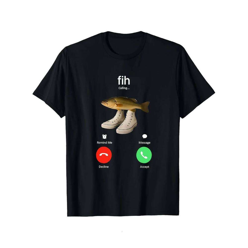 Fun fishing print men's T-shirt, phone fish phone, casual short-sleeved, 100% cotton fashionable short-sleeved X260209