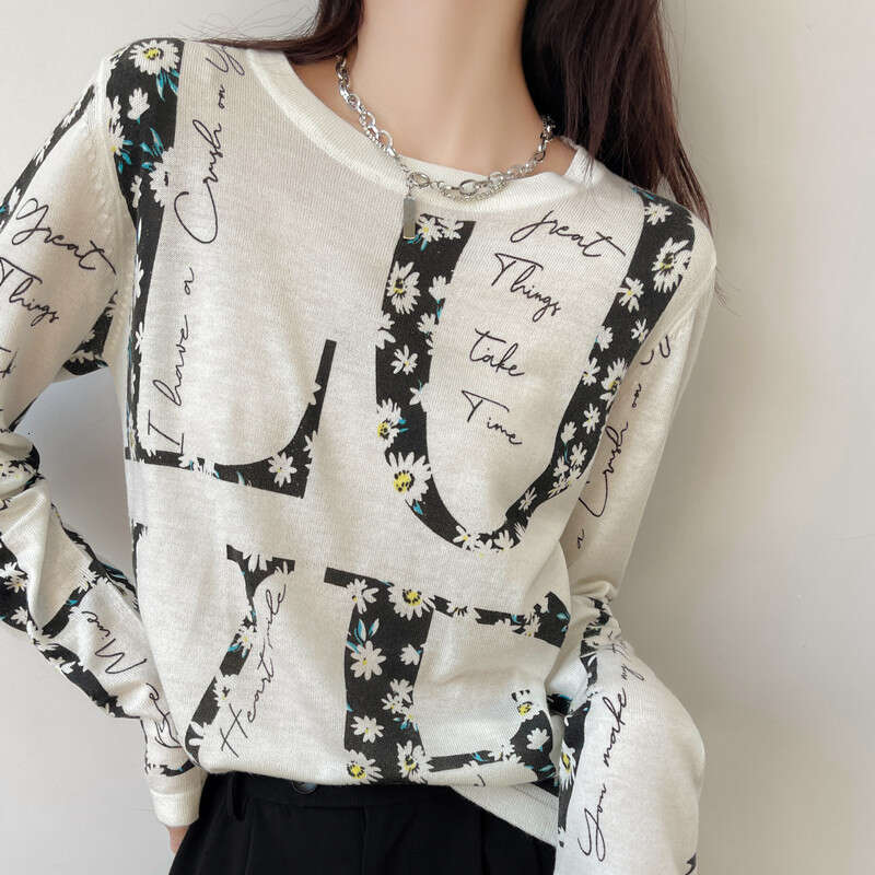 Spring Summer Tops Office Lady Women's Clothing Loose Pullovers Printed Simplicity Casual Geometric Tee Faionable Thin Knitted Wool top