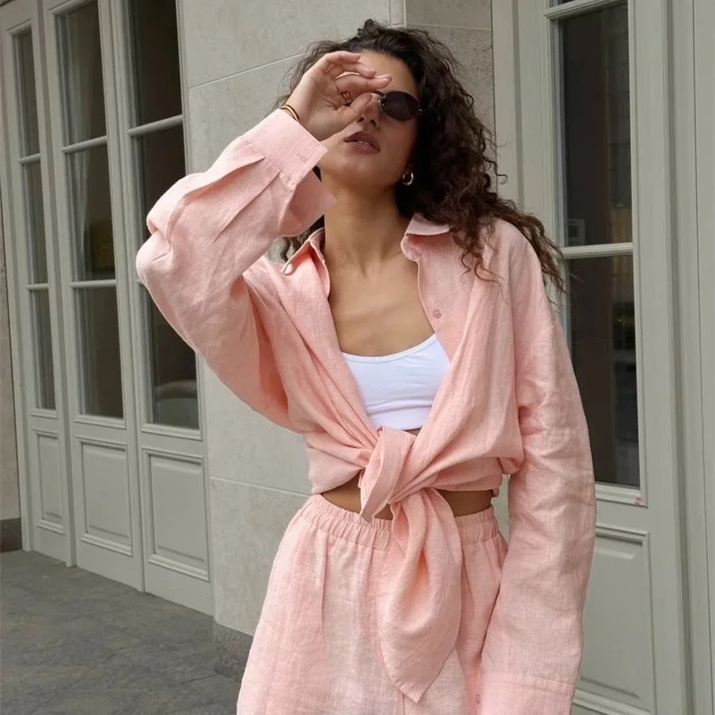 Bornladies Womens Cotton Casual Shorts Set Solid Color Lapel Long Sleeve Shirt Elastic Waist Shorts Outfit Daily Vacation Wear 260120
