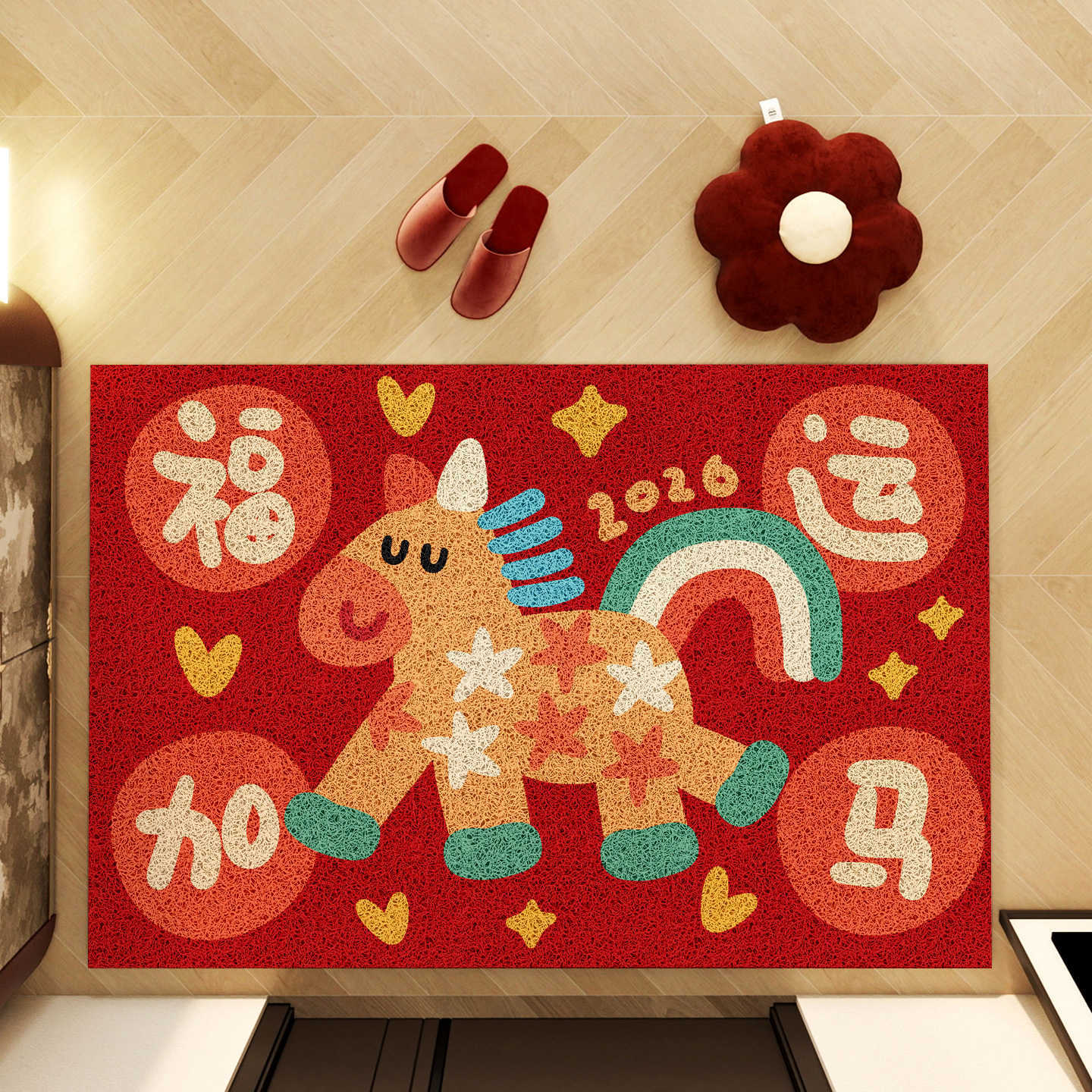 New Years Door Mat for the Year of the Horse Festive Red Carpet with Silk Loop Non-Slip and Dirt-Resistant Floor Mat S260207