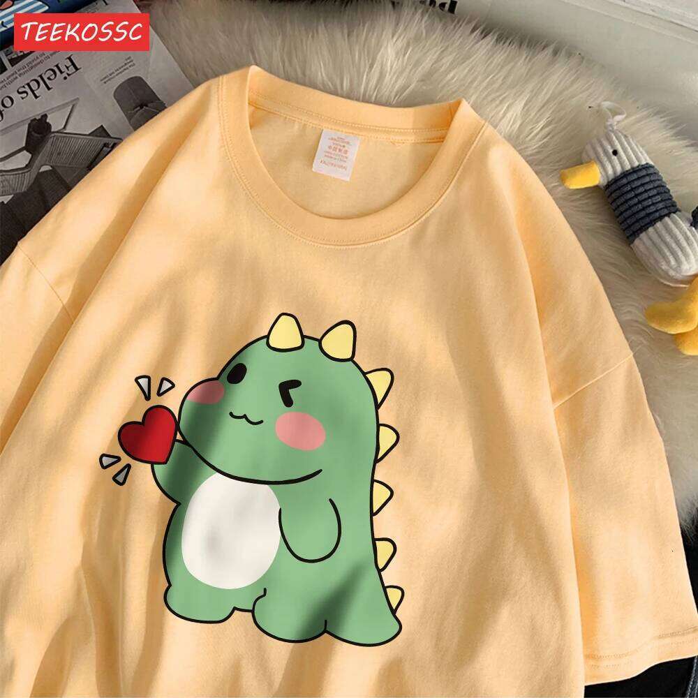 Trend Cotton Women'S T-Shirts Cute Little Dinosaur Confesses Love Printing Tee Shirts Soft Loose O-Neck Summer Female Clothes X260209