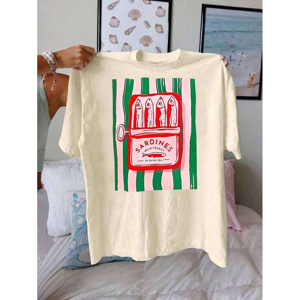 Summer Sardine Printed Cotton T-Shirt Round Neck Breathable Material Short Sleeve Casual Fashion Women'S Top X260209