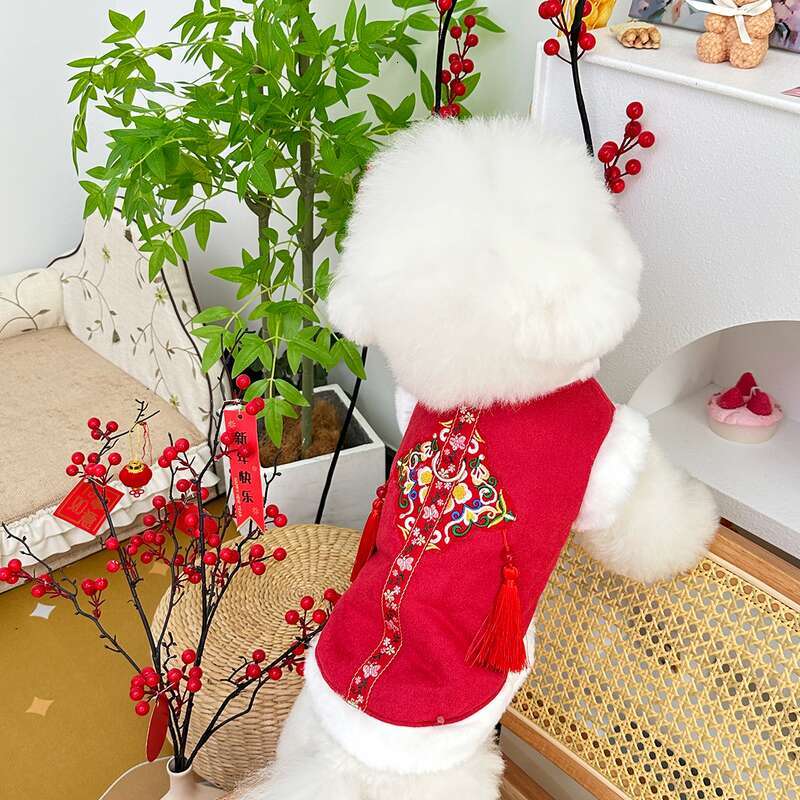 Year Winter Outfit Embroidered Cheongsam New Chinese Style Fleece-Lined Warm Pet Dog Cat Clothes Plush Tang Suit