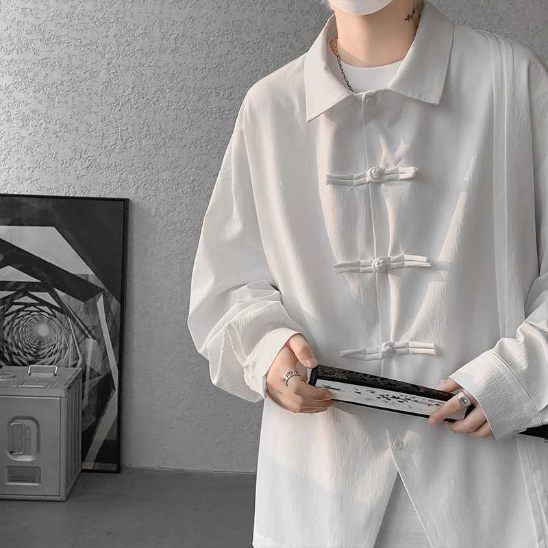 Mens Dial Buckle Solid Long Sleeve Shirt Chic Pleated Decor 2024 Spring New Loose Casual Traditional Chinese Style Clothing C260209