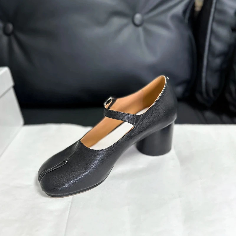 6cm Fashionable Split toe Shoes High Heels 2025 Party Office Mary Jane Retro Leather Sheepskin Single 260208