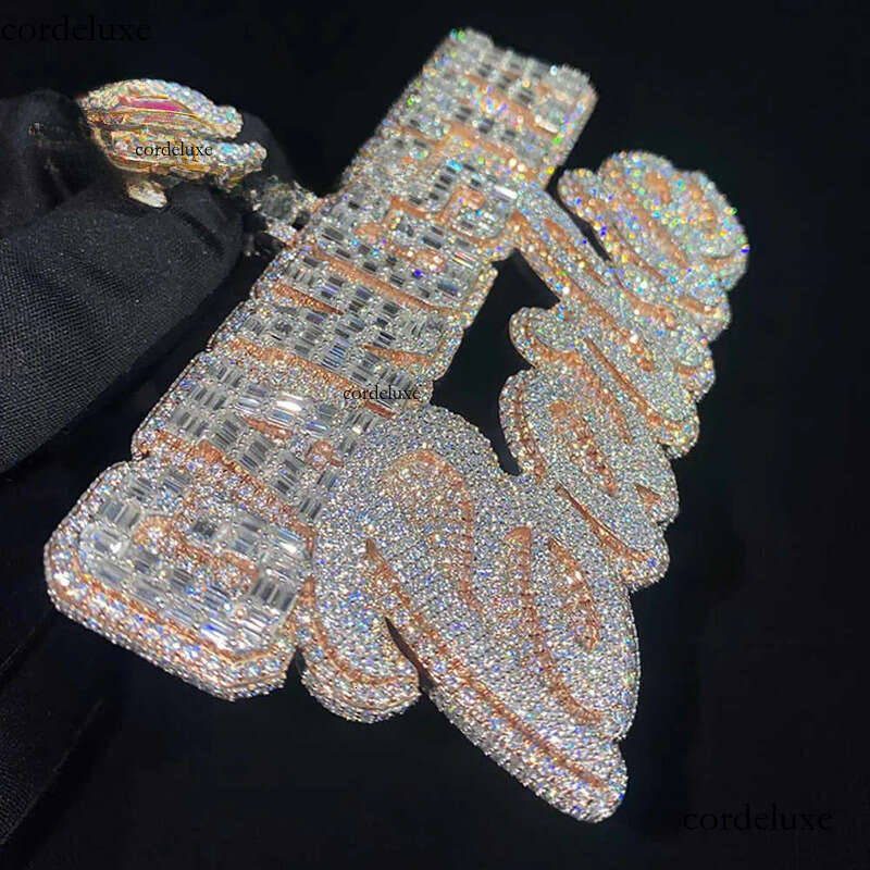 High Quality Vvs Moissanite Islam Iced Out Baguette Cut Hip Hop Initial Letter Pendant Fine Jewelry For Men Women f1