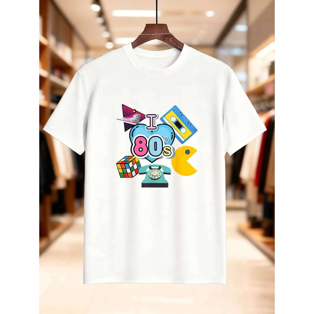 Men's Printed Short Sleeve T-Shirt - Trendy Phone Paco Design, 100% Cotton Soft Tee for Casual Wear, Breathable & Comfortable X260209