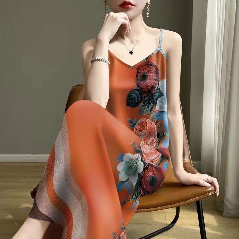 Women's Printed Sleeveless Camisole Dress V-Neck Pleated Long Sleeve Loose Maxi Dress for Spring Summer Flower vest dress