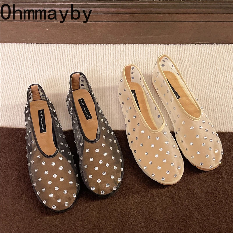 Fish Net Crystal Women Loafers Shoes Comfort Ladies Slip On Dress Ballet Flats Shoes 2026 Spring Ladies Concise Shoes 260124