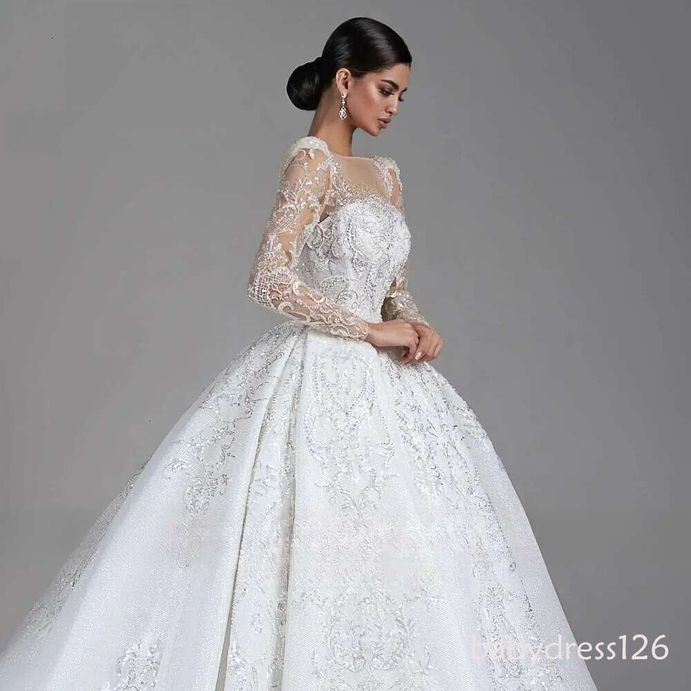Sparkly Ball Gown Wedding Lace Sequin Beaded O Neck Long Sleeve Tulle Bride Marriage Formal Dress