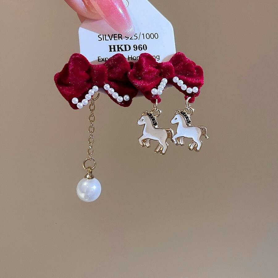 Chinese Gold Earrings Plated Zodiac Horse with Flocked Pony Pearl and Red Crystal Accents Light Luxury for Festival and 1 Cultural Celebration High Qu