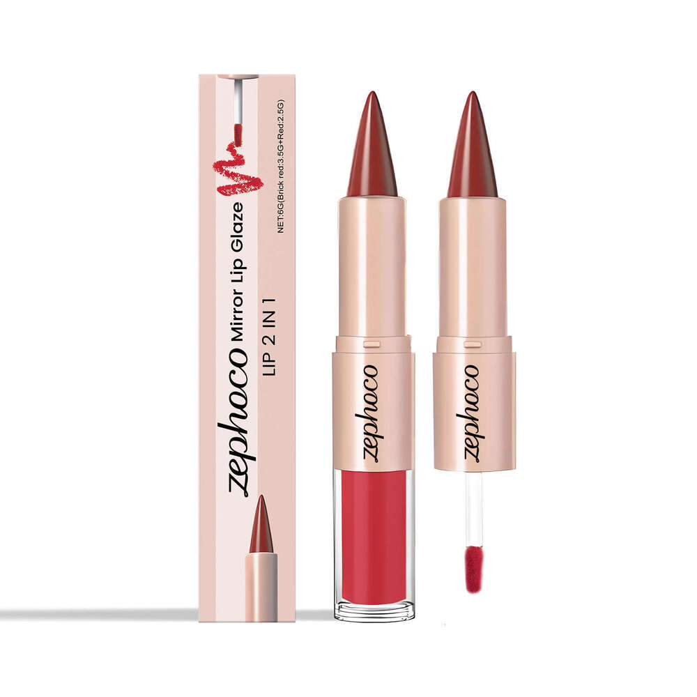 Zephoco Brick Red Two-in-One Mirror Gloss Lip Makeup Bright Color Gorgeous Look Lipstick