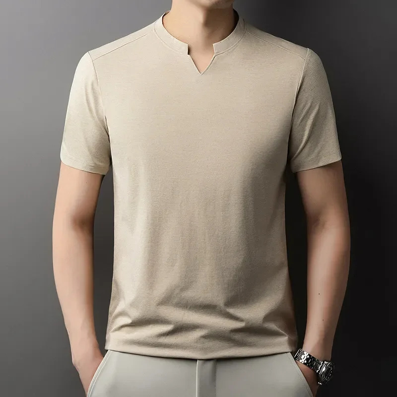 Korean Mens Casual and Fashionable Small V-neck Solid Color Short Sleeved T-shirt Comfortable Summer Versatile Top 260207