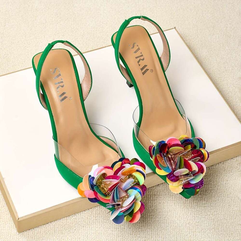Ladies Fashionable Pointed Toe Open Back Ultra High Heeled Sandals Adorned With Sequined Design At The Toe Perfect For Parties Banquets Weddings And O