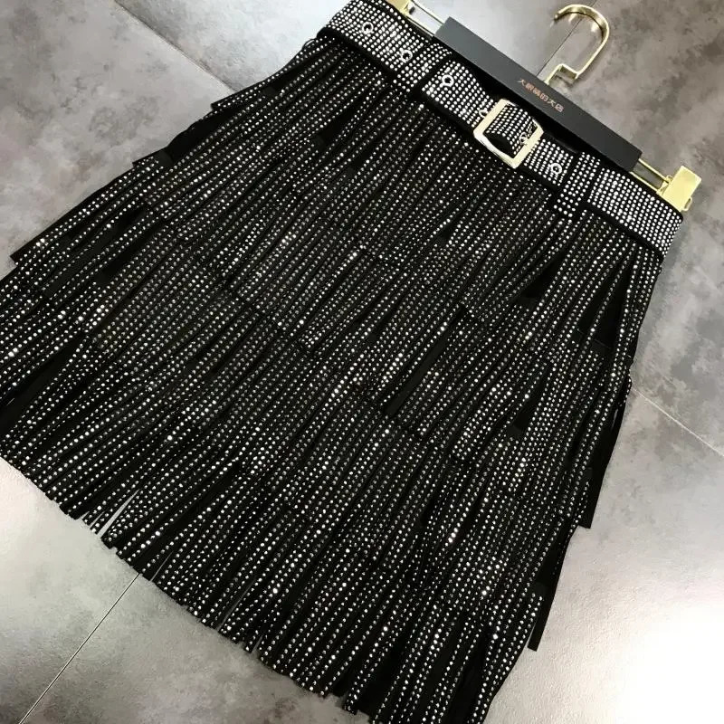 Women Skirt Fashion Autumn High Waist Belt Multi Layer Short Heavy Drilling Rhinestones Fringed with Cake A Line 260126