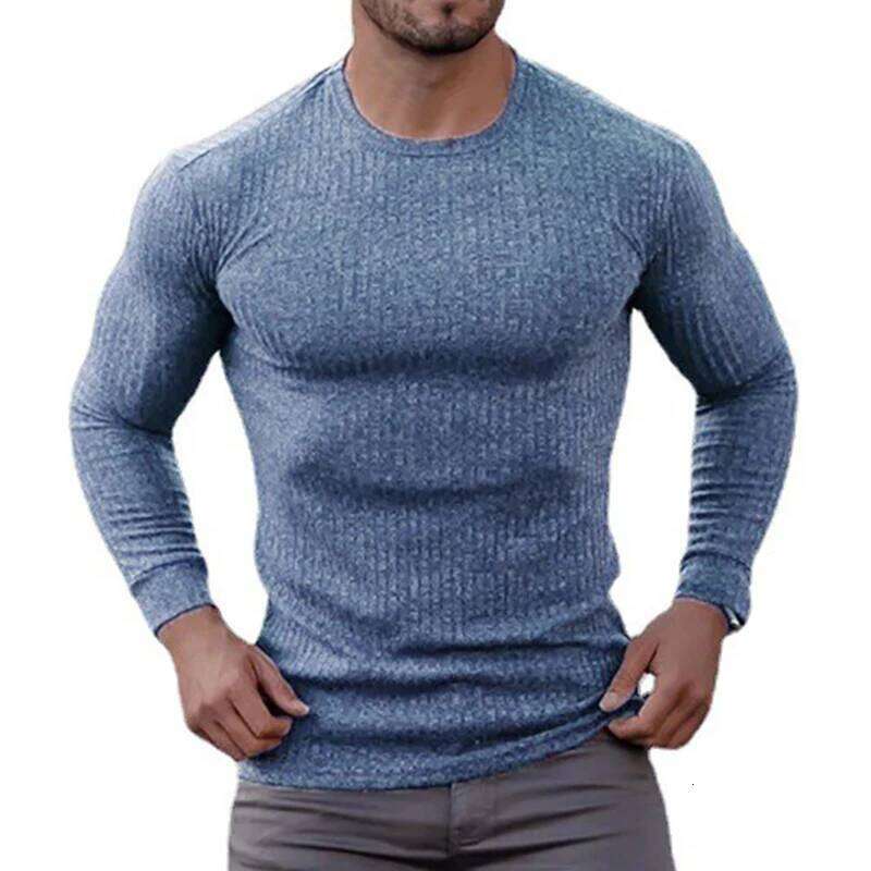 Autumn Breathable Knitted Long Sleeve Shirt Men Fitness Sport Stripe Slim Fit Clothing Gym Bodybuilding O-neck Quick Dry T-Shirt 26Y0209