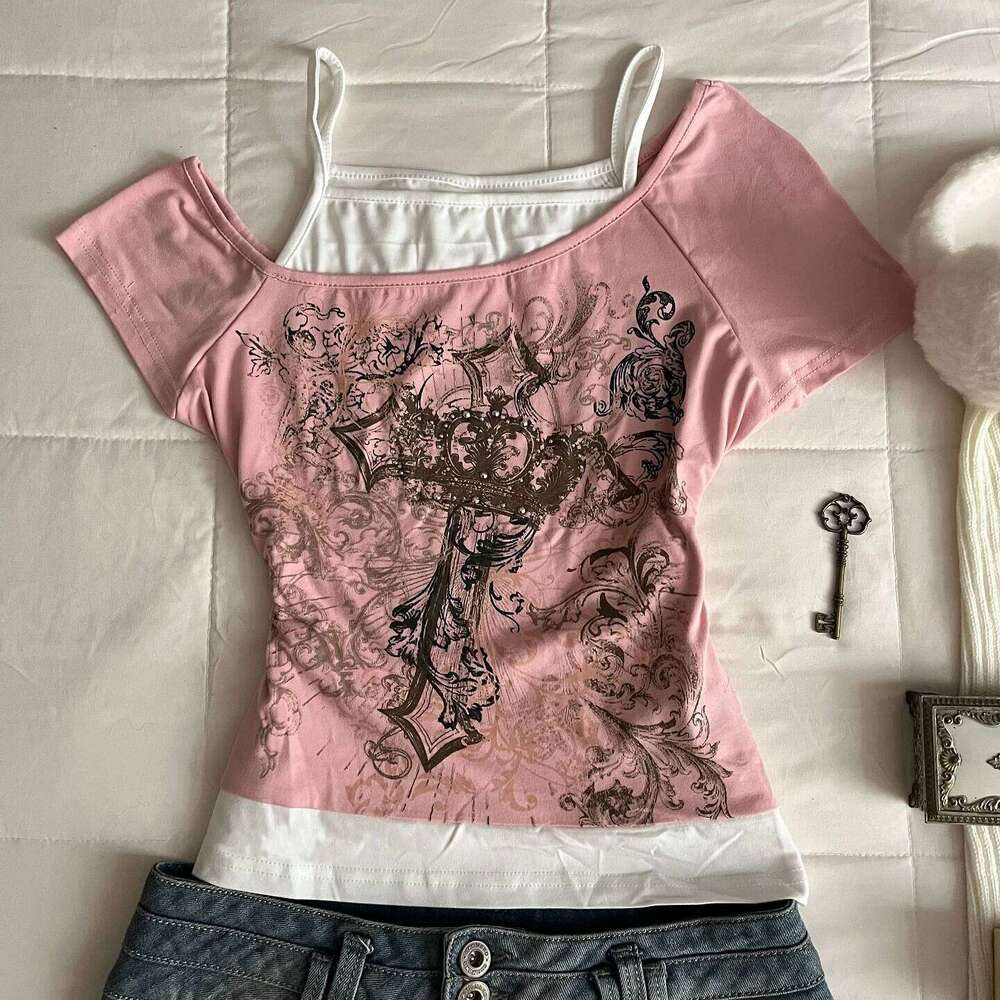 Y2k Women's Short Sleeved Top Harajuku Pink Printed Casual Fashion Street Sweet Sexy Millennium Style