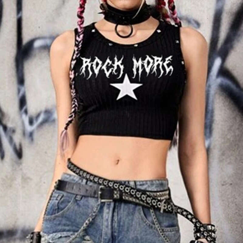 Punk Y2k Knit Baby Tees Sleeveless Goth Street Tank Top Women's Corset Vintage Star Graphics Sexy Crop Tops Summer Emo Rock Girl