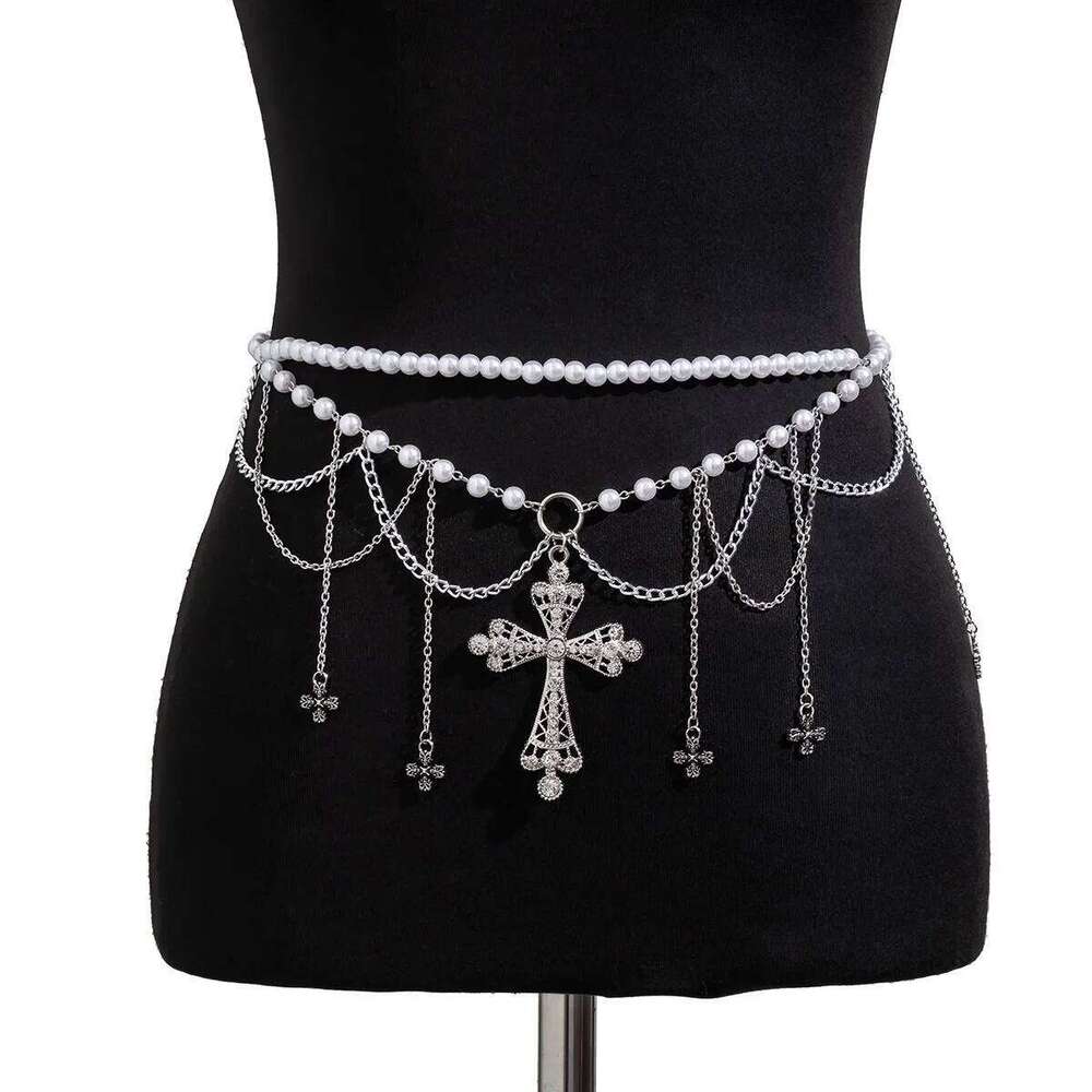 European and American Style Personalized Metal Cross Tassel Waist Women's Fashion Double Layer Imitation Pearl Body Chain X260209