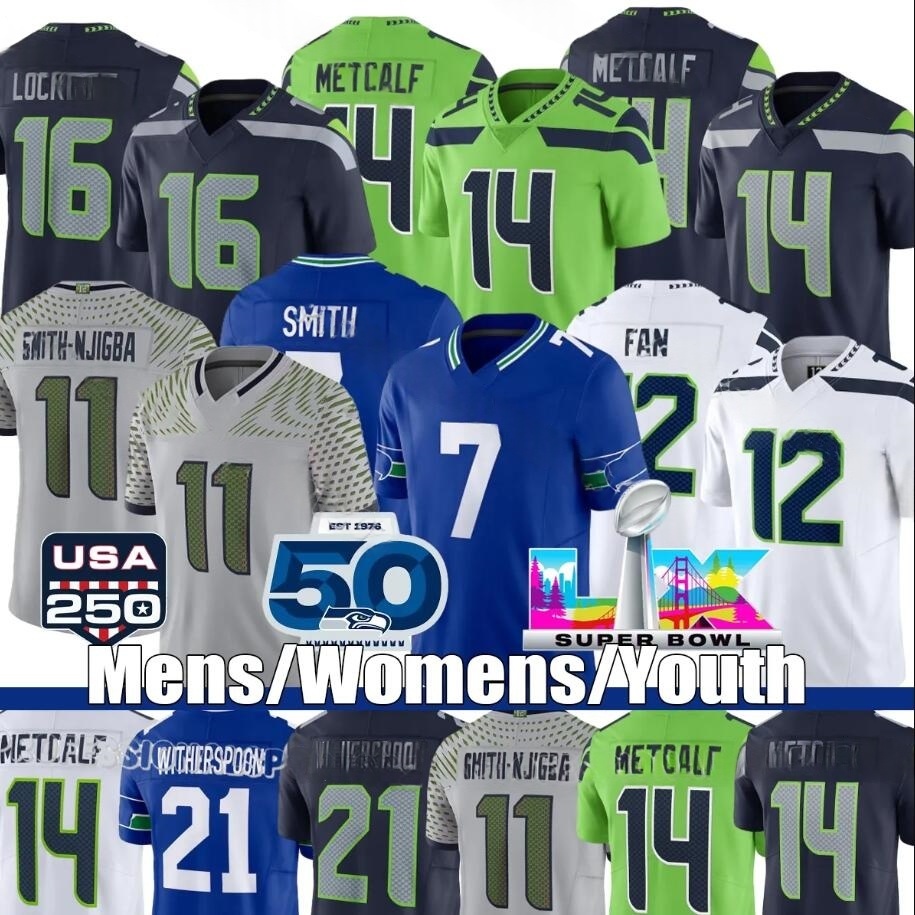 Seattles SeahawksS Jersey SeahawksJersey USA 250 Patch #14 Metcalf #11 Smith-Njigba #10 Kupp #12 Fan #14 Darnold #21 Witherspoon #9 Walker III #91 Murphy II #80 Largent