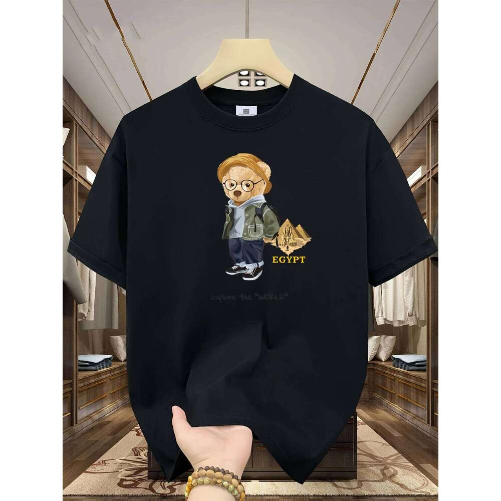 Men's Summer 100% Cotton Fashion Leisure Sports Loose Travel Bear Cartoon Pattern Printed Round Neck Short Sleeve T-shirt Top X260209
