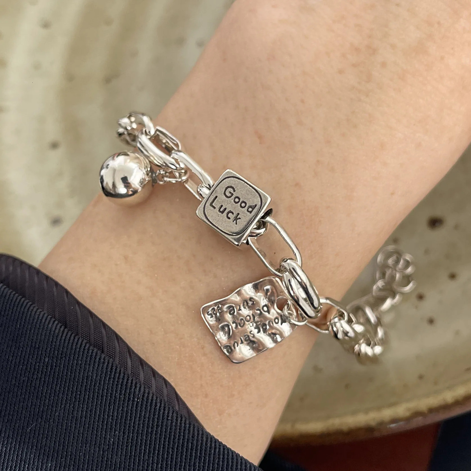 925 Sterling Silver Bracelets for Women Men String Accessories Trend Vintage Letter Balls Pendant Party Jewelry Gift 260128