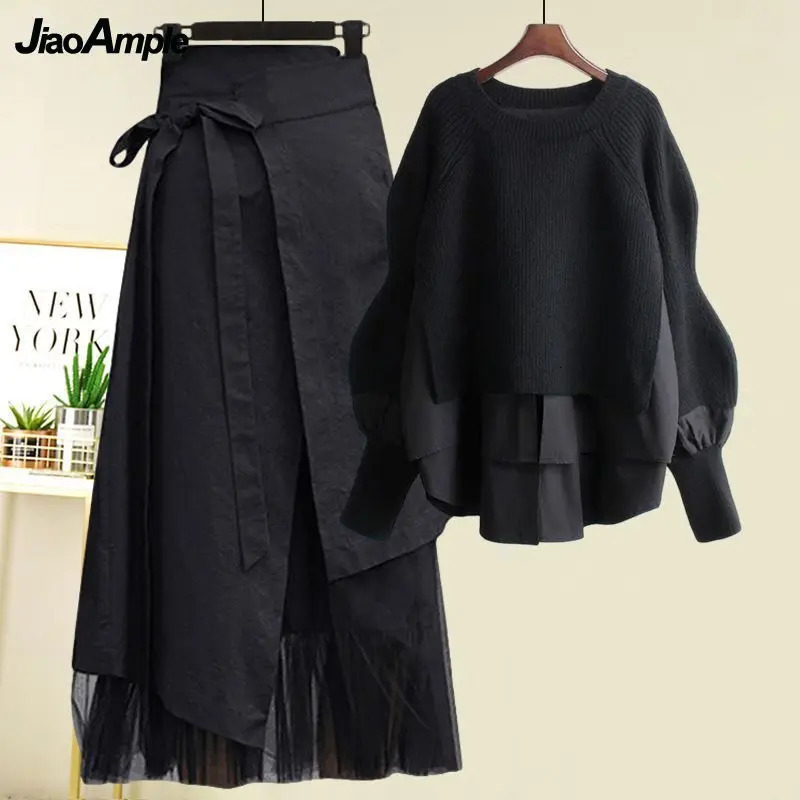 Womens Spring Autumn Fashion Two Piece Knit SweaterStrap A-line Skirt Suit Korean Elegant Pullover Dress Matching Set 260208