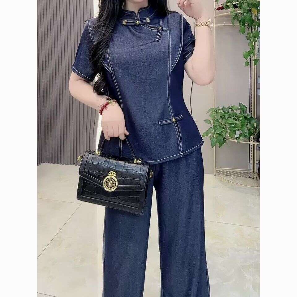 2026 New Women's Summer Chinese Style Buttoned Denim Top Set, Fashionable And Slimming Two-Piece Outfit