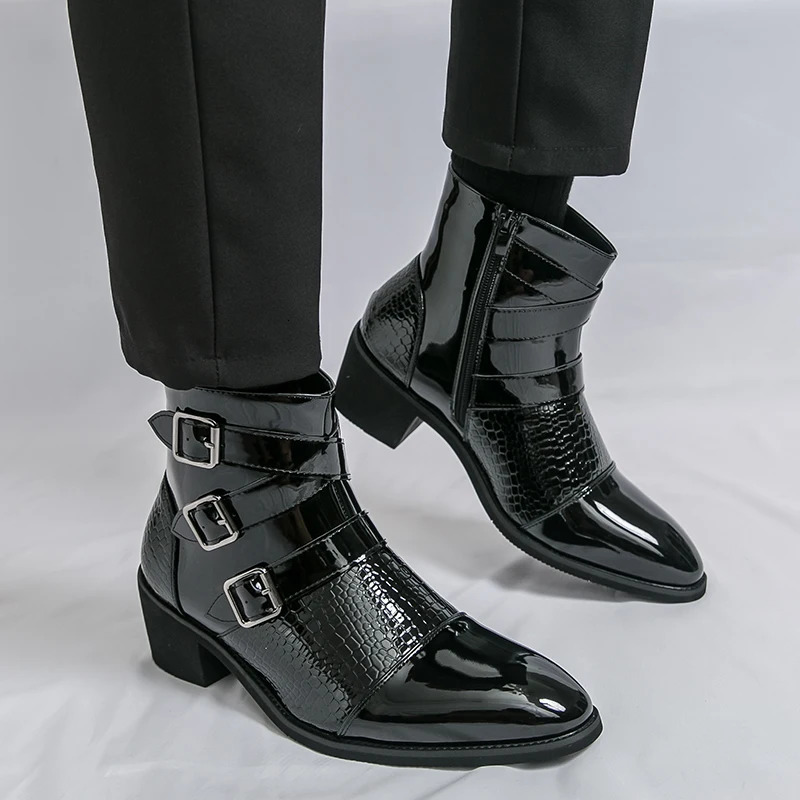 Mens Pointed Patchwork Patent Leather Casual Ankle Boot Male Winter High Tops Monk Strap Shoes Zapatos Hombre 260208