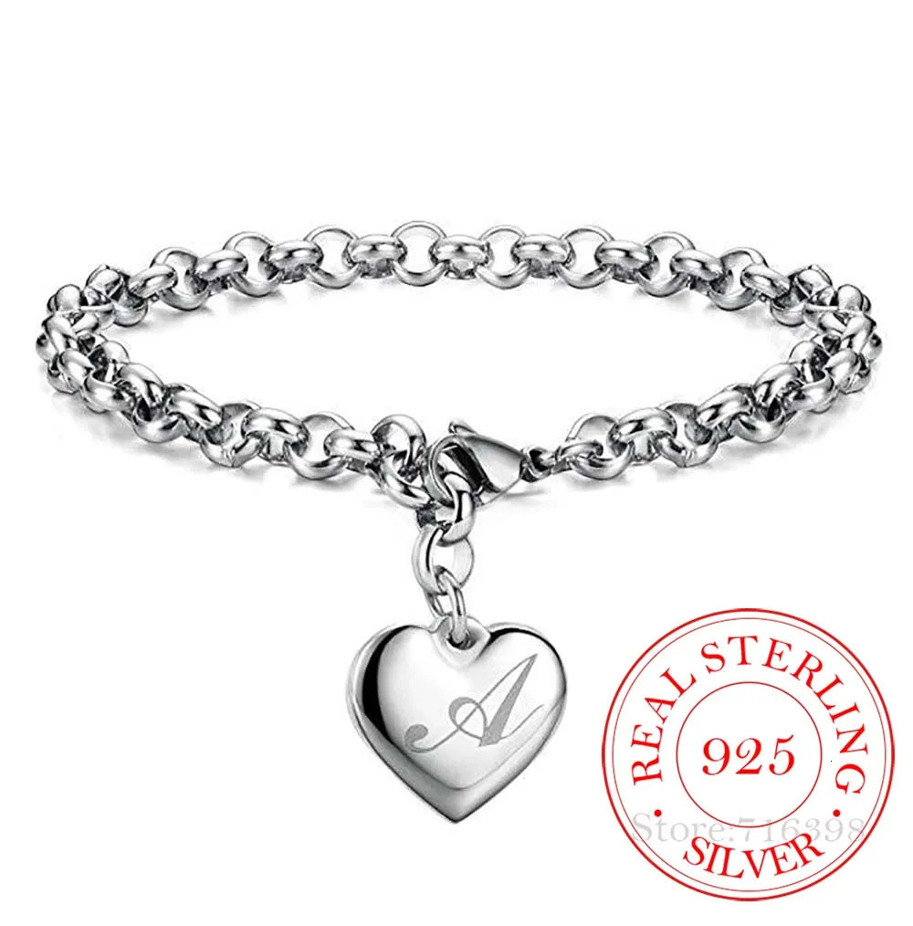 Punk 925 Sterling Silver A-Z Letter Heart Charm Bracelets Bangles For Women Fine Jewelry Pulseras Mujer Moda 260128