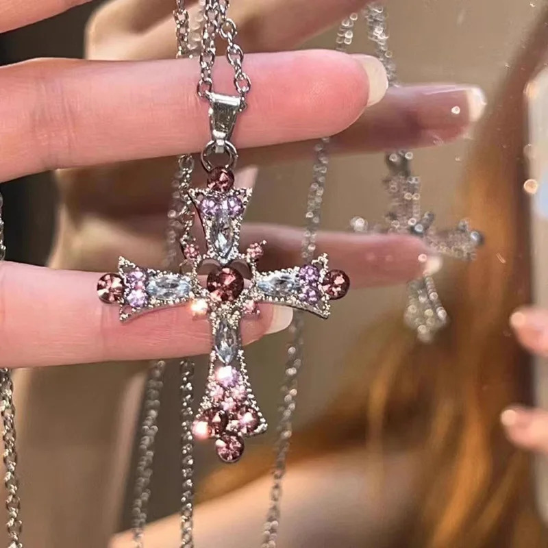 Gothic Big Zircon Cross Necklace Unisex Y2K Irregular Goth Large Cross Pendant Necklaces for Men Women Couple Necklace Jewelry 260124
