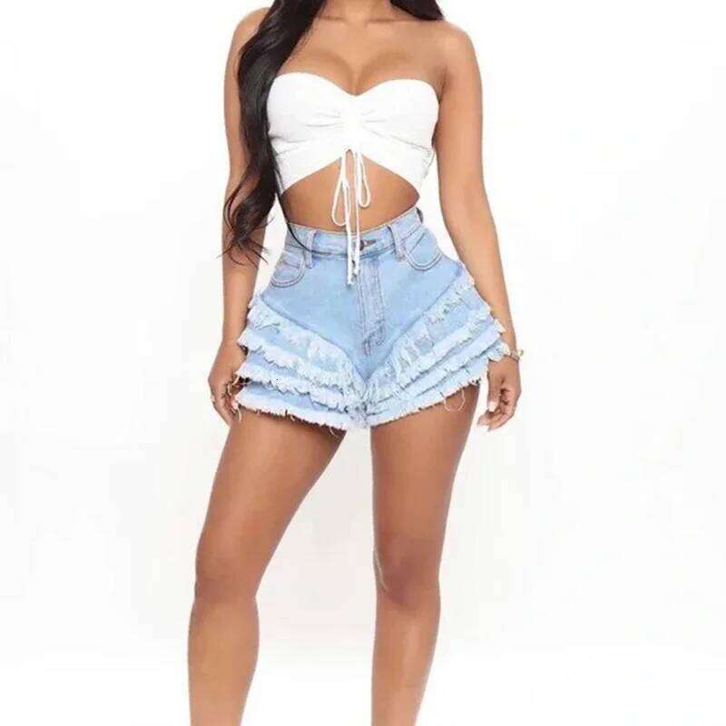 Summer Women Shorts Sexy Hot Nightclub Fetish Cuffs Spliced Denim Pants Lady Patchwork Streetwear Party Tassel Jeans H260209