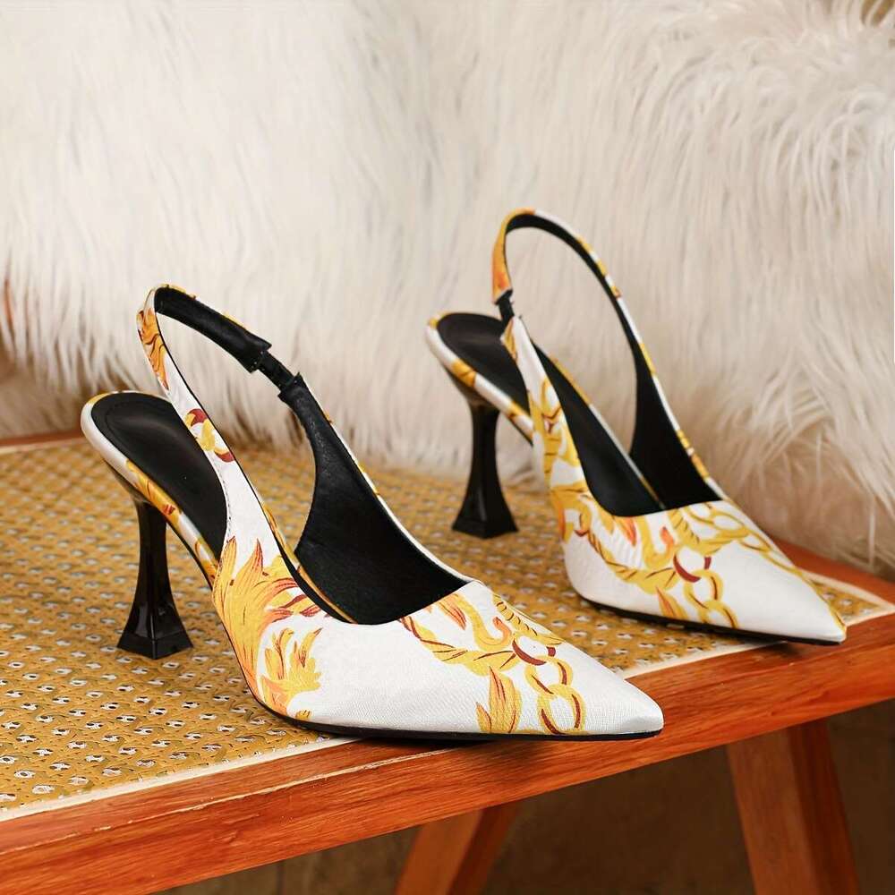 Elegant Women S Sandals Printed Chain Pointed Toes Featuring Comfortable High Heels With A Trumpet Thin Heel These Black High End Shoes Exude Luxury M
