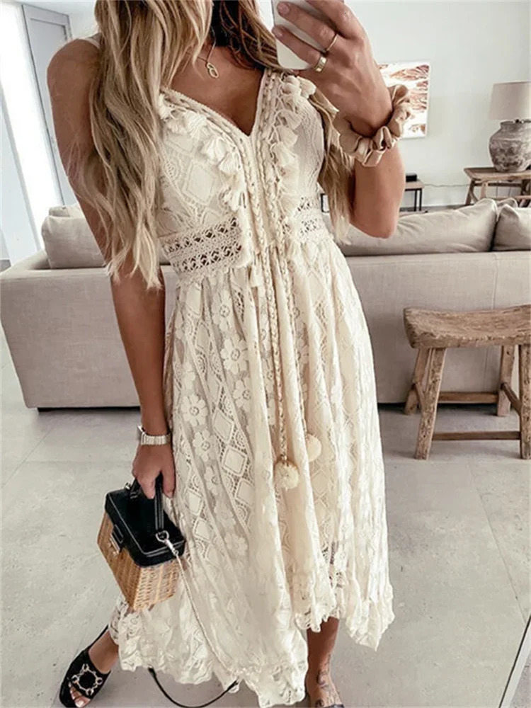 Women Lace White Long Dress Sleeveless V Neck Flowy Ruffle Dress Summer Bohemian Retro Sexy Beach Holiday Dresses 260118