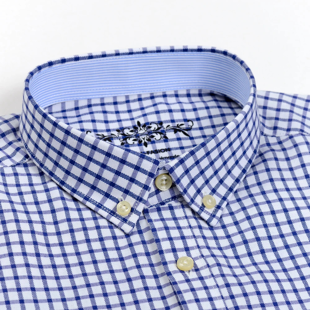 Mens Long Sleeve Oxford Plaid Striped Work Casual Shirt with Pocket Spring Autumn Cotton Blend Regular-fit Button-down Shirts 260208
