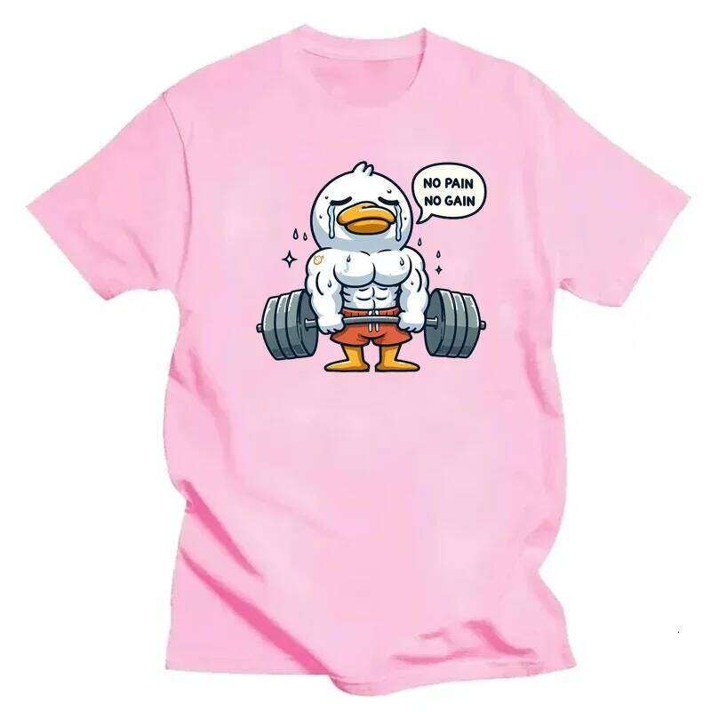 Cartoon Duck Weightlifting Pattern Printed Summer Men Casual Loose Neutral Fashion Y2k O-Neck Short Sleeve Top T Shirt X260209