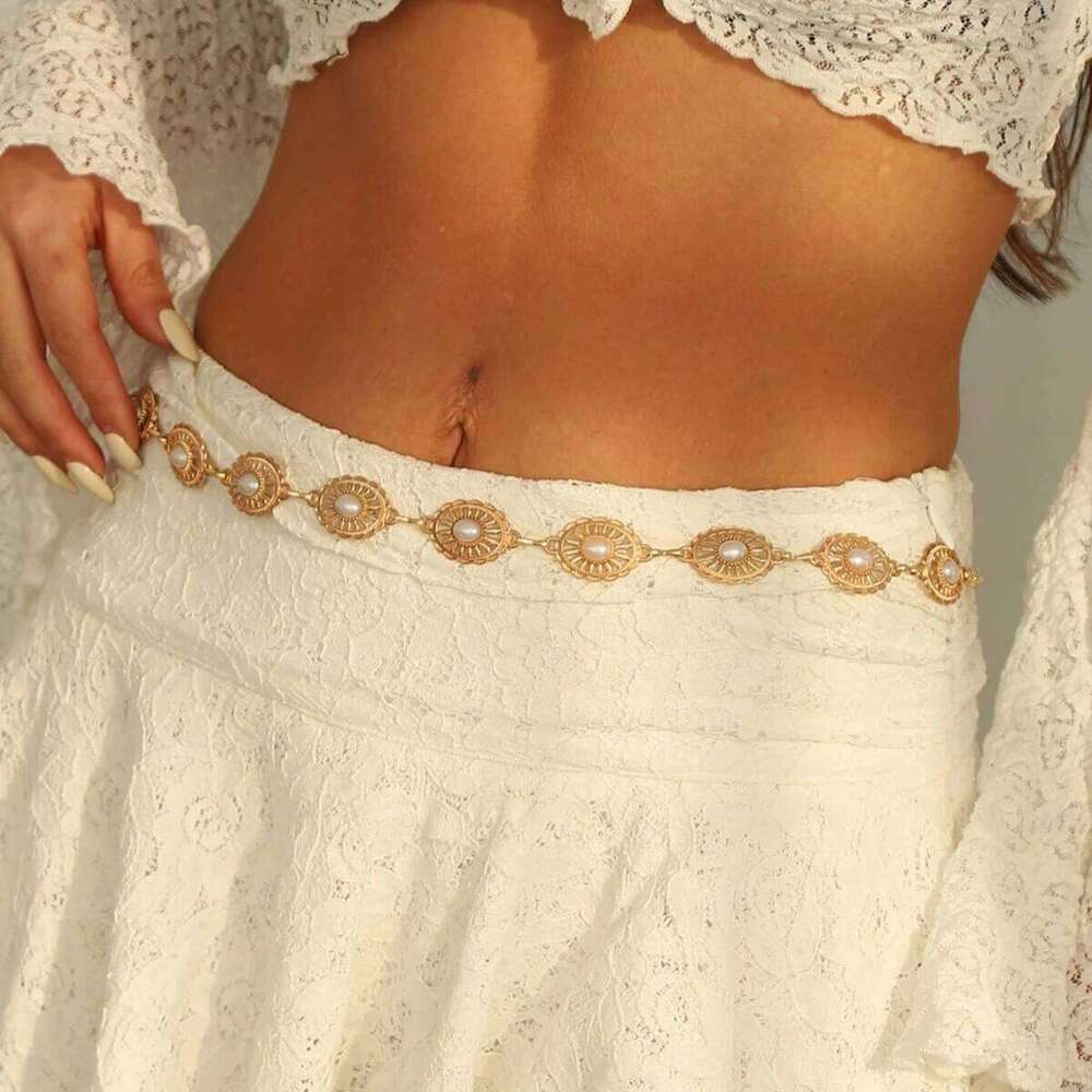 1pc Fashionable Versatile High-End Niche Pearl Chain, Retro Hollow Design Belt, Waist Chain Suitable For All Occasions, Be X260209