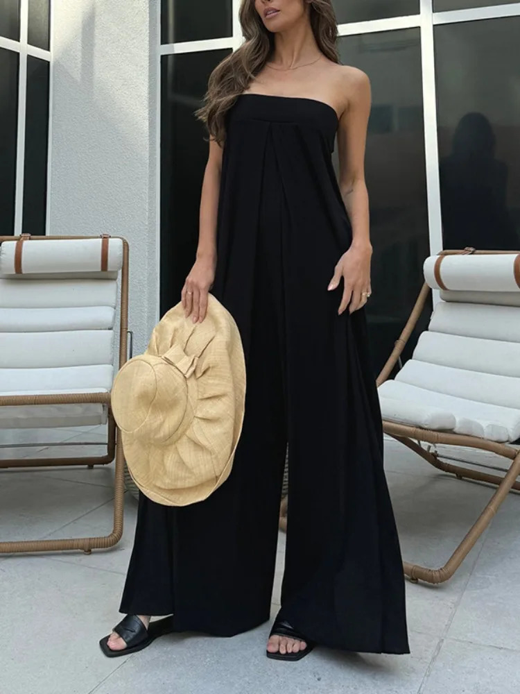Yeezzi Womens Solid Color Hollow Backless Tube Jumpsuits Loose Sleeveless Pockets Wide Leg Summer Casual OnePiece Pants 260126