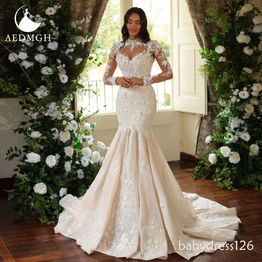 Aedmgh Mermaid Wedding Dresses High Neck Long Sleeve Elegant Vestido Novia Appliques Court Train Sheath Robe De Mariee